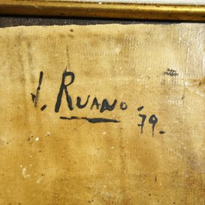 Pintura "Techos" de Jorge Ruano, Acrílico sobre Lienzo Firmado y Fechado 1979 - imagen 7
