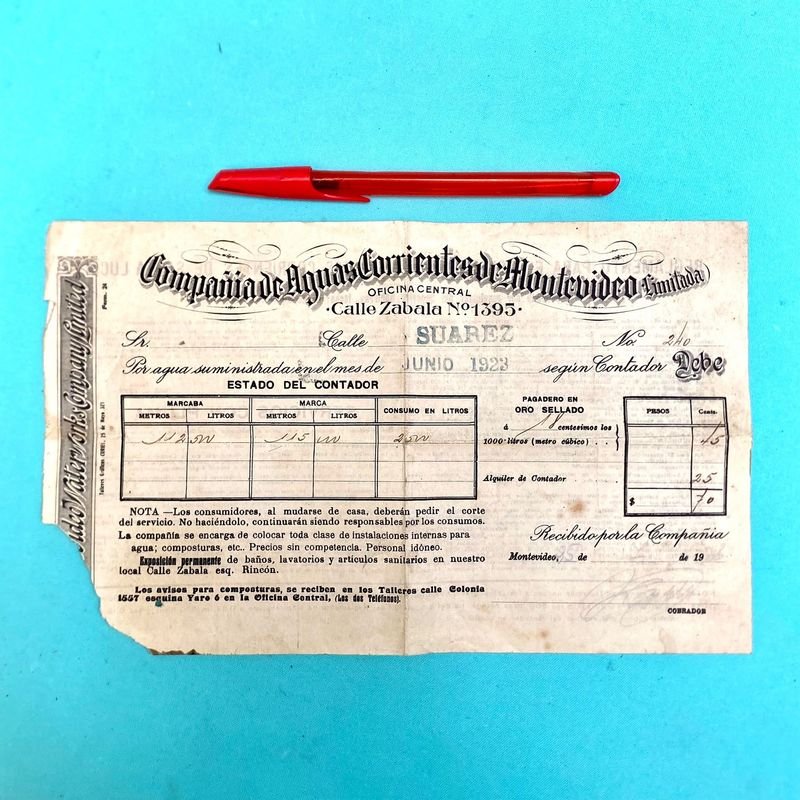Antigua Factura Compañía de Aguas Corrientes de Montevideo Limitada - Junio 1923