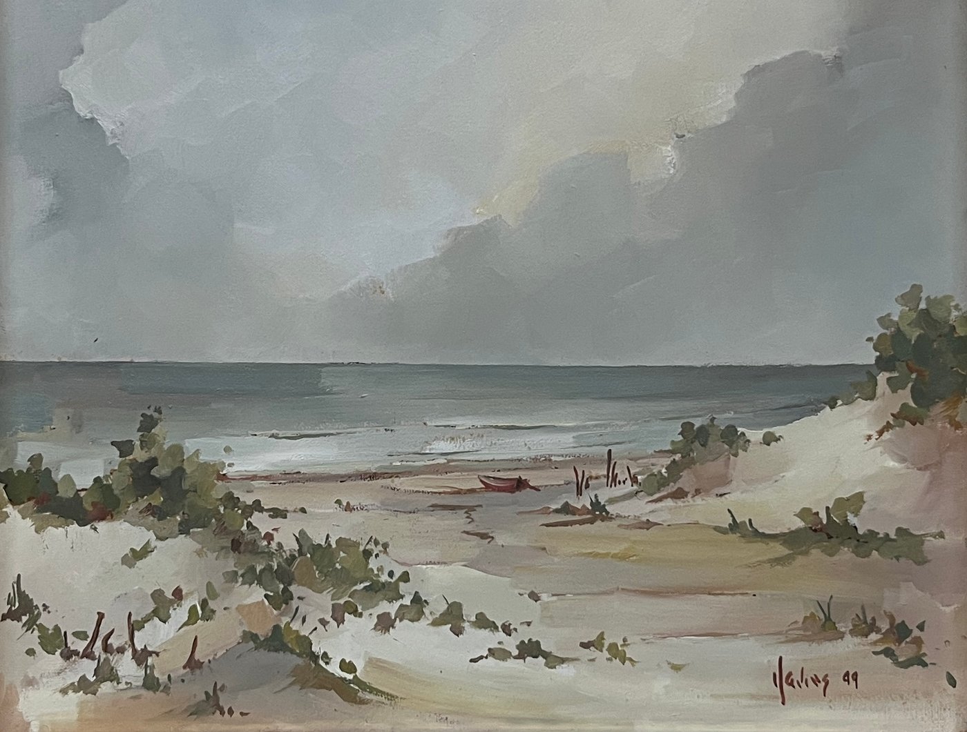 Oleo "Playa" de Philip Davies, 20 x 25 cm, Firmado y Fechado '99