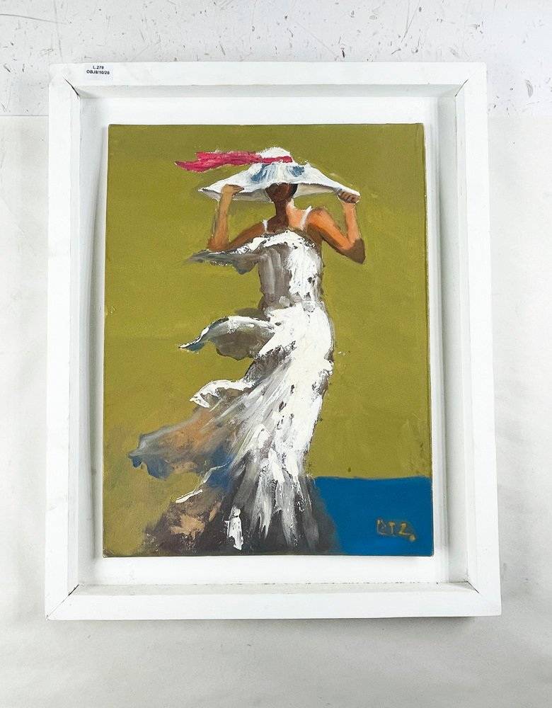 Cuadro al óleo "Dama con Sombrero" sobre fibra, 40x30 cm, con marco blanco