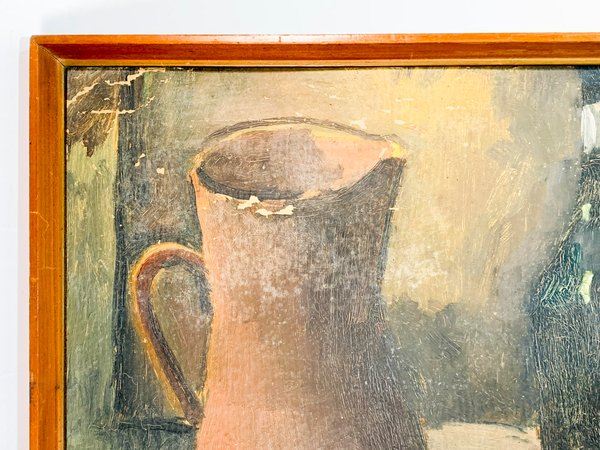 Pintura óleo sobre fibra con tema de jarras y botella - imagen 2