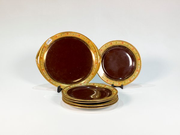 Juego de Porcelana Checoslovaca "Carla" para Postre - Marrón con Guarda Floral - imagen 1