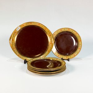 Juego de Porcelana Checoslovaca "Carla" para Postre - Marrón con Guarda Floral - imagen 1