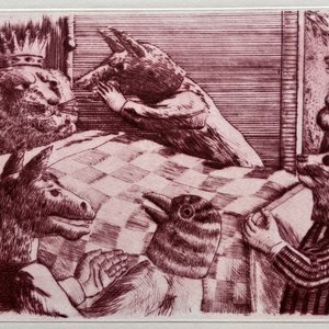 Grabado "El león, el lobo y el zorro" de Luis Alberto Solari - Edición 155/200 - imagen 1