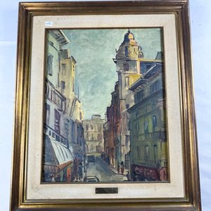 Lote siguiente: Cuadro al Óleo sobre Tela: Calle y Caseríos, 52x41 cm