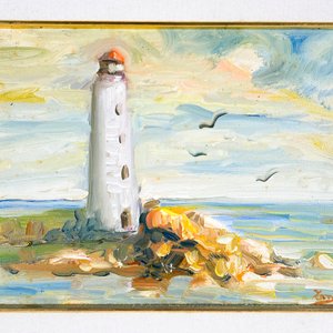 Cuadro al óleo sobre tela: Faro en la costa, firmado - imagen 2