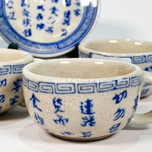 Seis Pocillos Orientales de Porcelana Gris y Azul con Platillos - imagen 2