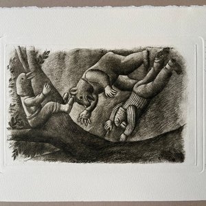 Grabado "Los viandantes y el oso" de Luis Alberto Solari, 155/200 - imagen 2