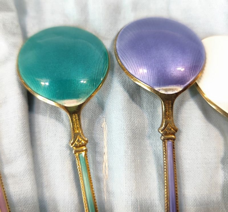12 majestuosas cucharas de mermelada en plata noruega esmaltados - imagen 2