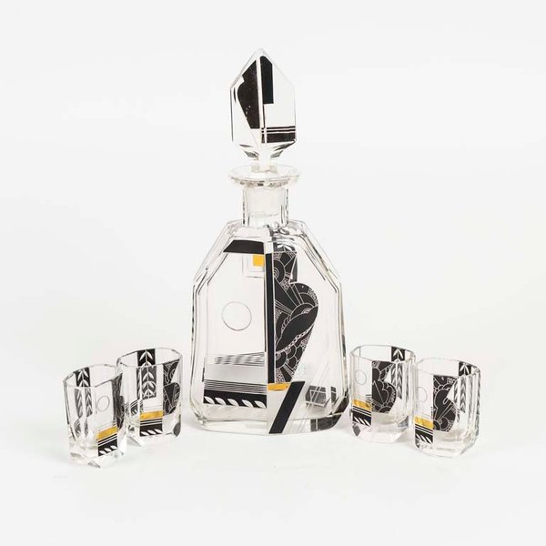 Botellón de Cristal Art Deco con 4 Vasos Decorados - imagen 1