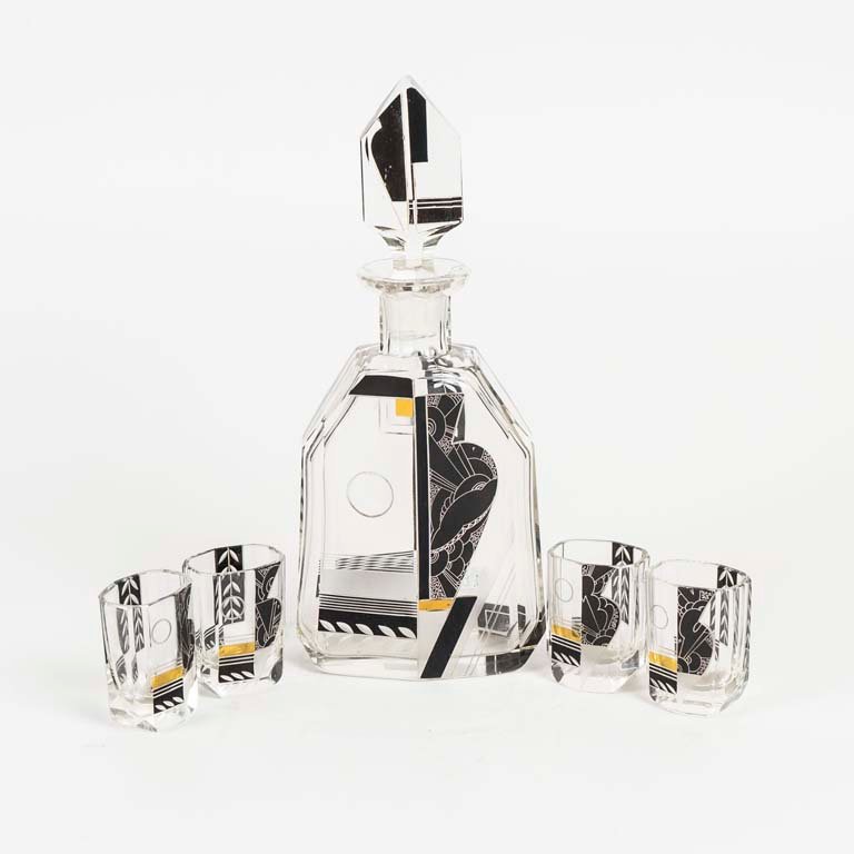 Botellón de Cristal Art Deco con 4 Vasos Decorados