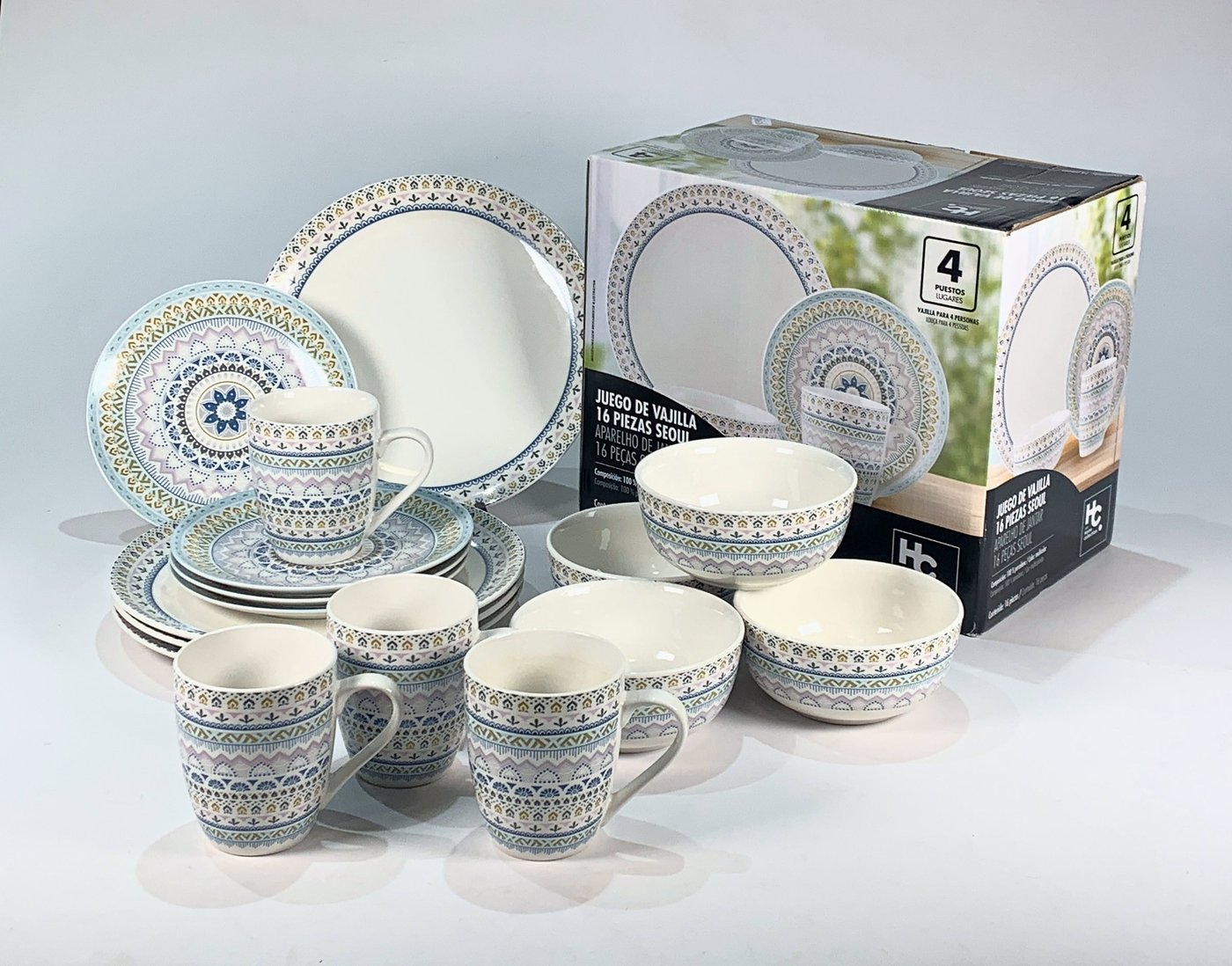 Juego de Vajilla de Losa Blanca con Decoración Floral para 4 Personas - 16 Piezas