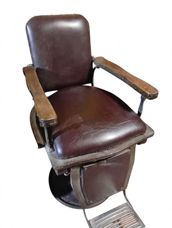 Antiguo Sillón de Barbero de Cuero Marrón con Reposapiés Metálico - imagen 1