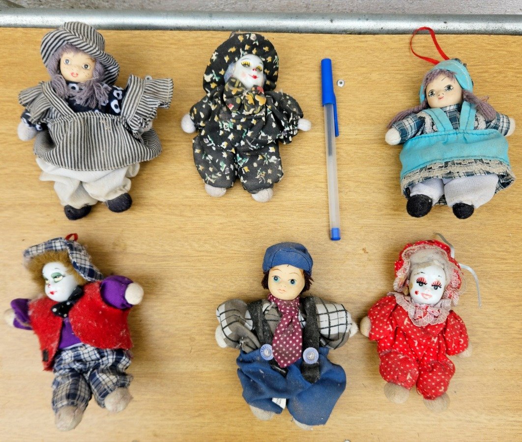 Lote de 6 Muñecos Arlequines Vintage con Cara de Porcelana