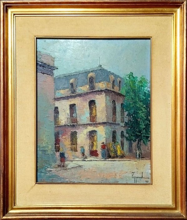 Óleo sobre tela atribuido a Jorge Pizzanelli: Edificio y figuras