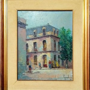 Lote anterior: Óleo sobre tela atribuido a Jorge Pizzanelli: Edificio y figuras