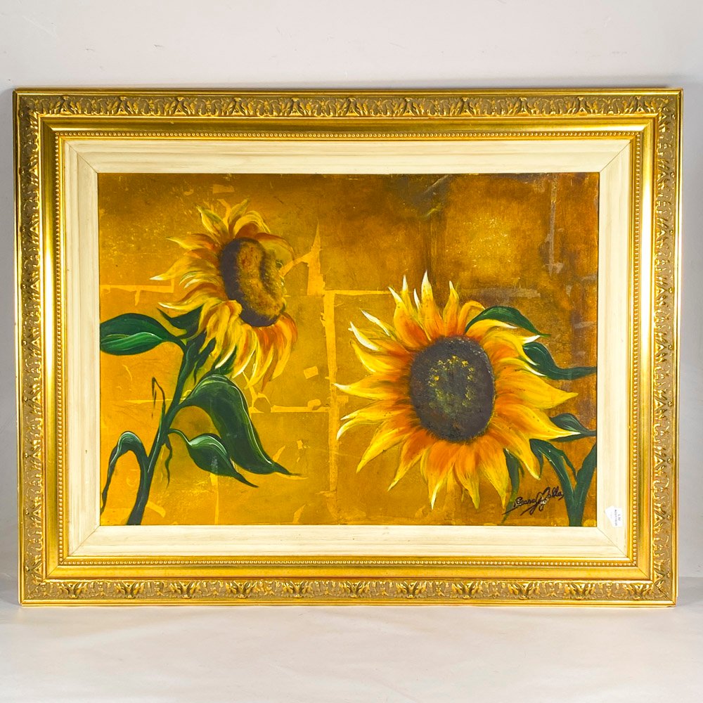 Cuadro al Óleo sobre Tela: Girasoles con Firma Ilegible (47 x 70 cm)