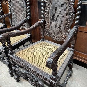 Juego de 2 Sillones Antiguos de Madera Tallada con Esterilla - imagen 5