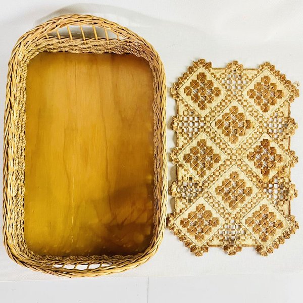 Bandeja de mimbre y madera, impecable - imagen 3