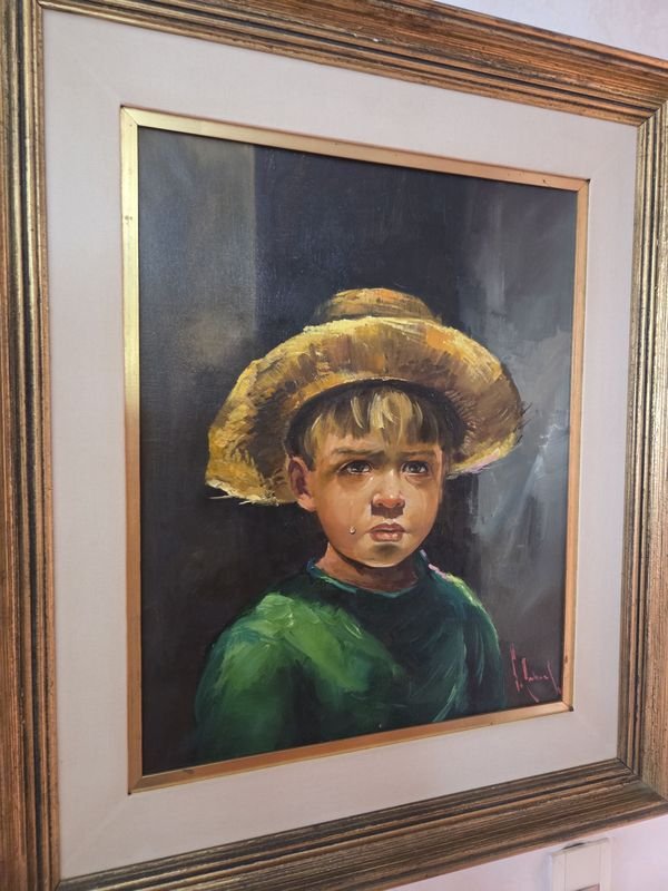Óleo firmado J. Cabral, pintura de un joven con gorra y camisa verde - imagen 3