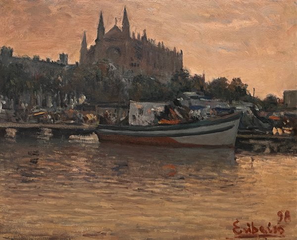 Edgardo Ribeiro "Puerto y Catedral de Palma de Mallorca" Óleo sobre Tela Firmado y Fechado - imagen 1