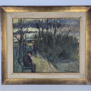 Óleo "Paisaje con figura sentada" del artista Hugo Sartore, firmado 1962 - imagen 2