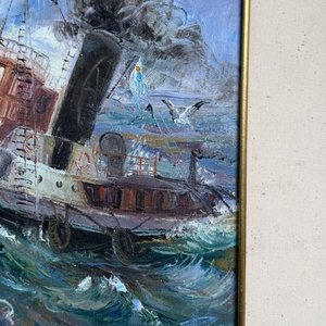 Óleo "Remolcador en el Puerto de Montevideo" por Milton Da Luz - imagen 4