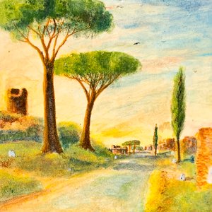 Cuadro Óleo sobre Azulejo: Paisaje de Camino y Árboles, Marco Dorado - imagen 2
