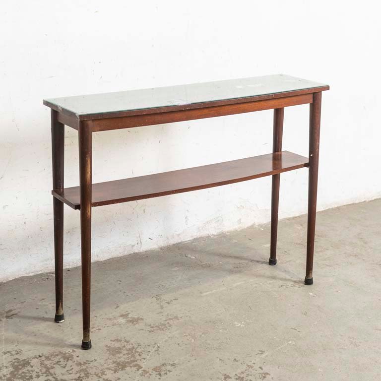 Mesa de Arrimo Americana con Estante Curvo y Tapa de Vidrio