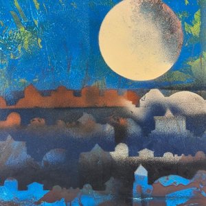 Pintura "Escena Nocturna con Luna" en Acrílico sobre Fibra, Marco Dorado - imagen 4