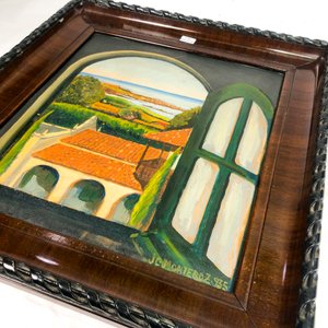 Cuadro al Óleo "Ventana al Mar" con Marco Labrado de Madera - imagen 3