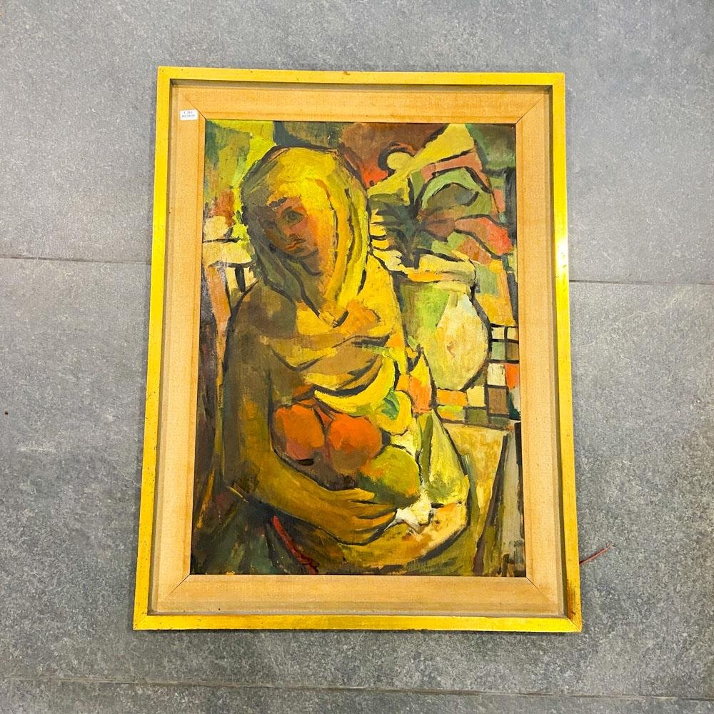 Cuadro oleo dama, marco madera 65 x 48 cm