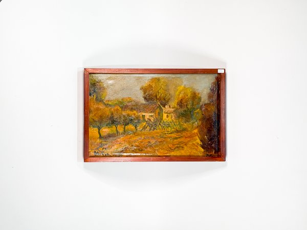 Cuadro al óleo: Paisaje campestre con rancho y árboles, firmado - imagen 1
