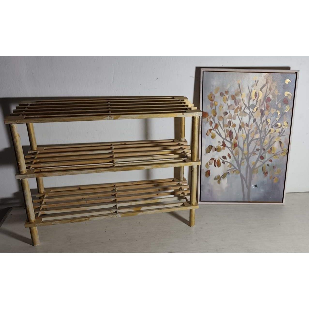 Estante Multiuso de Madera 3 Niveles y Cuadro Decorativo Árbol