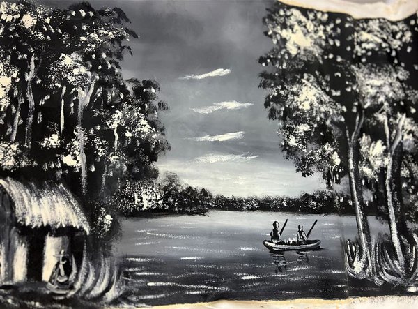 Pintura de arte abstracto con barco y árboles - imagen 1
