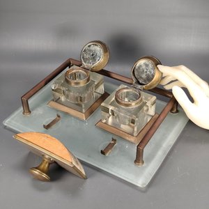 Juego de Tintero Antiguo Vidrio y Bronce con Secante - imagen 5