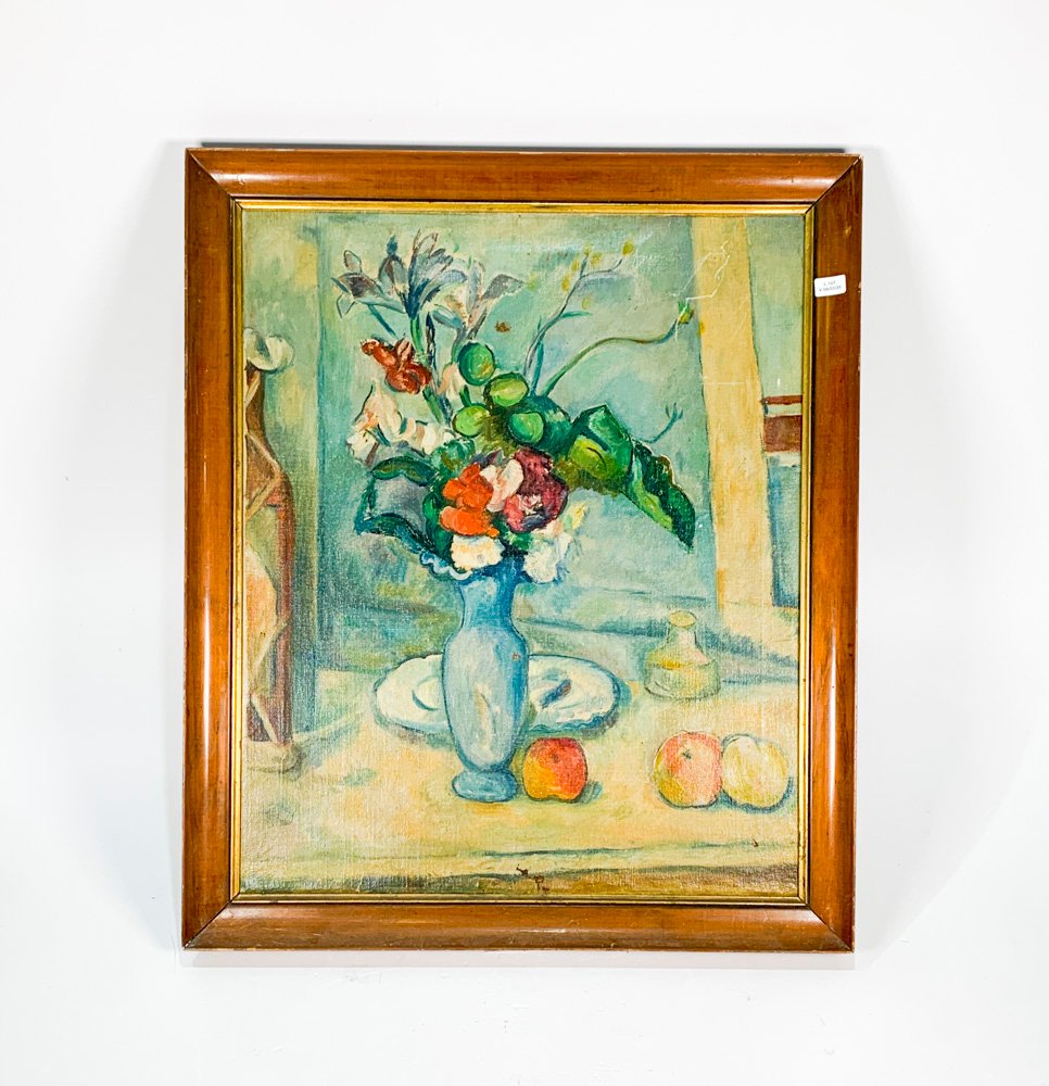 Lote siguiente: Pintura óleo sobre tela, jarrón azul con flores y frutos