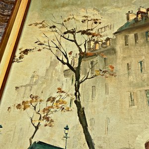 Cuadro al óleo de paisaje urbano invernal, firmado, con marco de madera - imagen 4