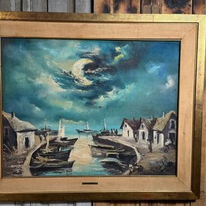 Lote anterior: Pintura al óleo "Puerto de Noche" de Andrea Carusso Figari, 70x53cm