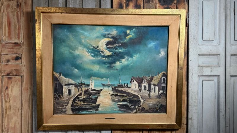 Pintura al óleo "Puerto de Noche" de Andrea Carusso Figari, 70x53cm