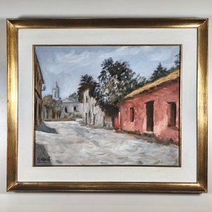 Óleo sobre lienzo firmado H. West: Escena de calle con fachadas y marco dorado - imagen 1