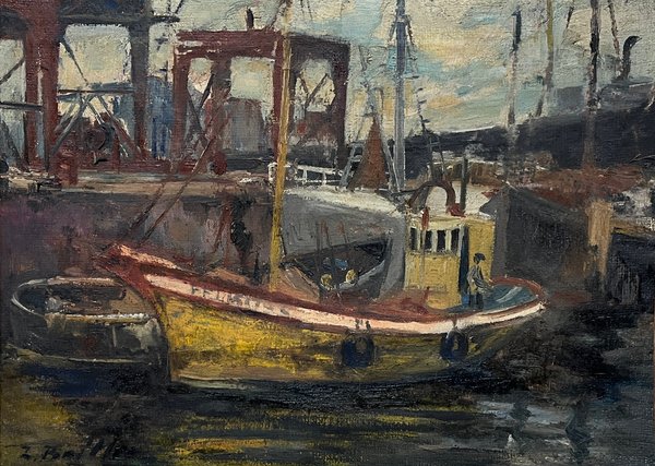 Lote siguiente: Zoma Baitler "Puerto" Óleo sobre tela - Pintura de barco y edificio