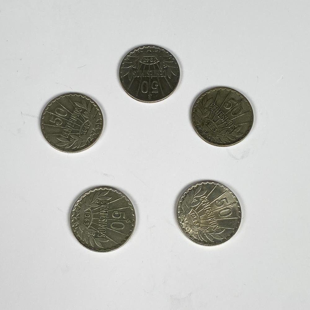 Cinco Monedas de Plata 50 Centésimos Uruguayas