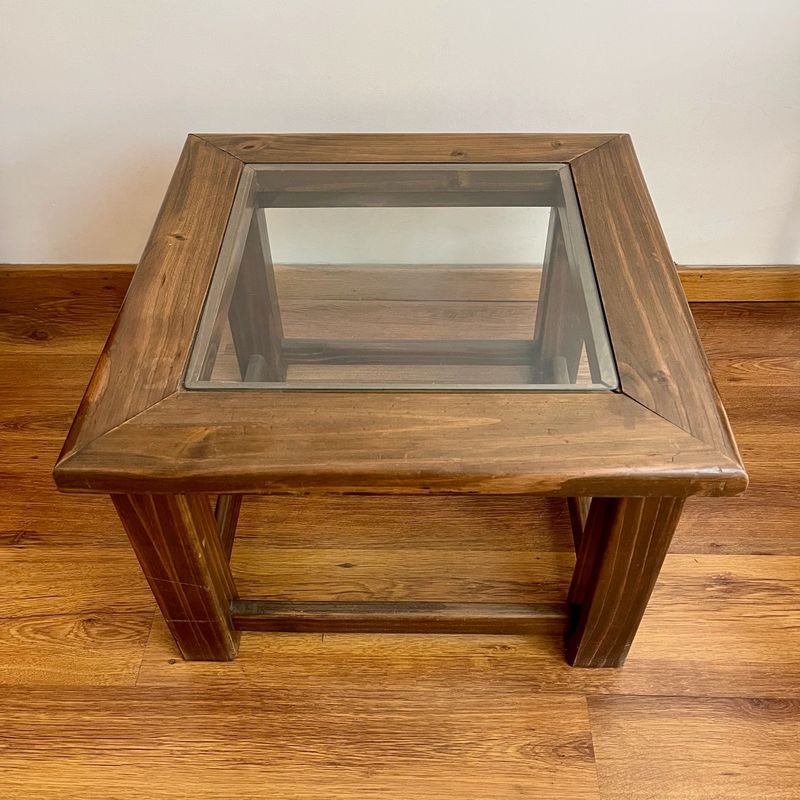 Mesa Ratona Rústica Madera Maciza con Tapa de Vidrio