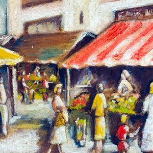 Cuadro al óleo sobre fibra, motivo Feria, firmado - imagen 2