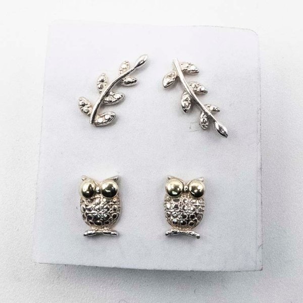 Dos Pares de Aritos de Plata: Búhos y Hojas