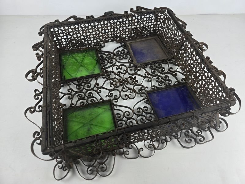 Antiguo Aplique de Techo Artesanal en Hierro Forjado con Cristales