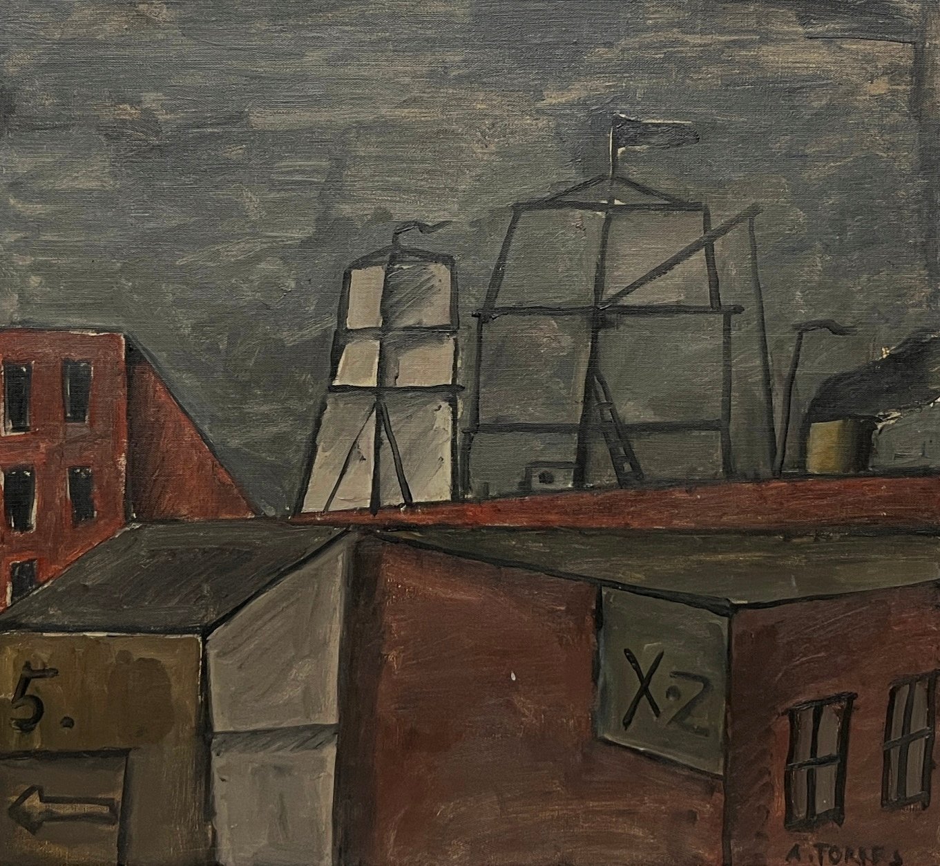 Augusto Torres "Galpones y Velas" Óleo sobre Tela - 60 x 66 cm