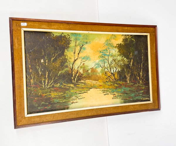 Lote siguiente: Pintura al óleo sobre tela de agua y árboles