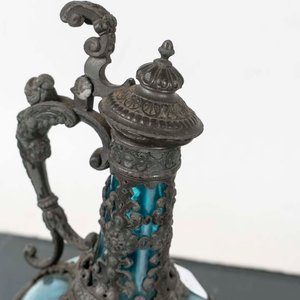 Jarra Antigua de Vidrio Azul con Montura de Metal y Tapa - imagen 2